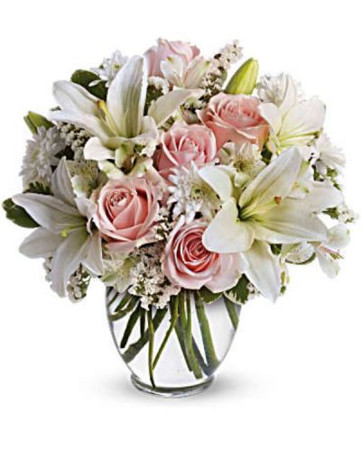 <div id="mark-3" class="m-pdp-tabs-marketing-description">Express your love with the eloquence of Shakespeare - without saying a word. She'll adore this exquisite bouquet of roses and lilies and other pastel favorites in a classic ginger vase. And she'll know just the words to let you know.</div>
&nbsp;
<div id="desc-3">
<ul>
 	<li>Light pink roses, white asiatic lilies, white alstroemeria and white cushion spray chrysanthemums are mixed with white statice and variegated pittosporum in a clear, rounded vase.</li>
</ul>
</div>