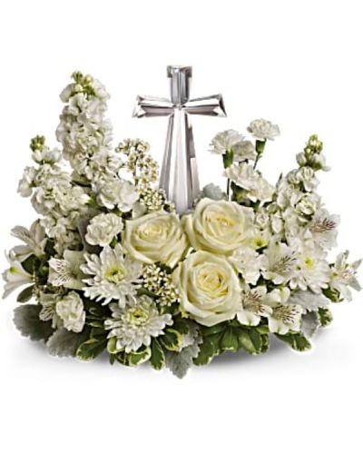 <div id="mark-3" class="m-pdp-tabs-marketing-description">An elegant display of faith and divine peace, this beautiful arrangement will comfort the bereaved in a truly thoughtful and respectful way. An exquisite crystal cross is surrounded by a bed of lovely blossoms. It is sure to be appreciated and always remembered.</div>
<div id="desc-3">
<ul>
 	<li>A fragrant mix of pure white blooms - including roses, alstroemeria, stock, carnations and waxflower - is accented with dusty miller and variegated pittosporum around an exclusive Crystal Cross keepsake</li>
</ul>
</div>