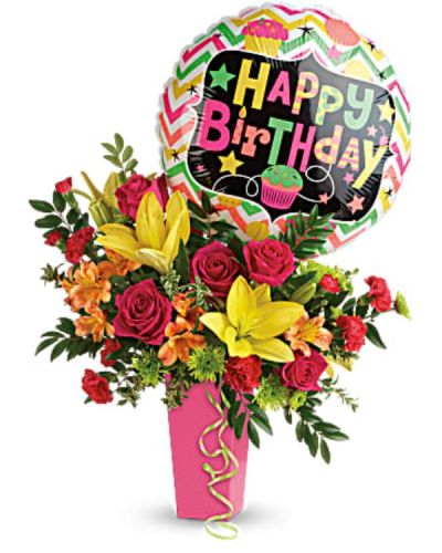 <div class="m-pdp-tabs-description">
<div id="mark-2" class="m-pdp-tabs-marketing-description">No birthday bash is complete without a surprise delivery of beautiful blooms! This festive bouquet of hot pink roses and sunny yellow lilies is topped with a fun Happy Birthday balloon for a gift they'll never forget.</div>
</div>
<p id="arrngDescp">This celebratory arrangement includes hot pink roses, yellow asiatic lilies, orange alstroemeria, red miniature carnations, green button spray chrysanthemums, huckleberry, and oregonia. Delivered in a raspberry tapered vase</p>