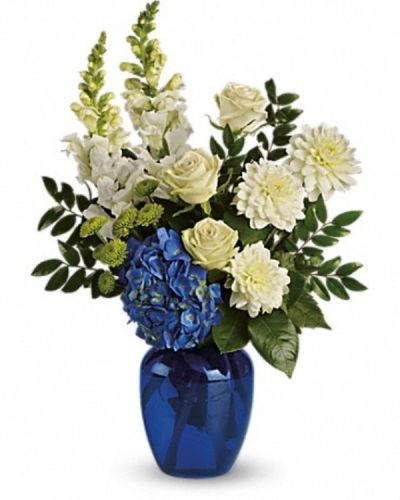 <div class="m-pdp-tabs-description">
<div id="mark-2" class="m-pdp-tabs-marketing-description">Sending this brilliant blue and white bouquet will surely garner oceans of appreciation from whoever receives it.</div>
</div>
<p id="arrngDescp">Dazzling blue hydrangea, green roses and button spray chrysanthemums, divine white dahlias and snapdragons plus huckleberry arrive in a striking cobalt vase.</p>