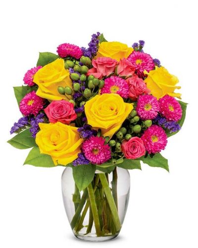 <p>Gushing with vibrant colors, this unique flower arrangement resembles the morning sky. Bright Happy Bouquet is sure to bring any home or office to life with its hot pinks, sweet yellows, pretty purples and its generous cascade of greens. This noteworthy flower arrangement is becomes even more special during the spring and summer months, as weather compliments its warmth.</p>