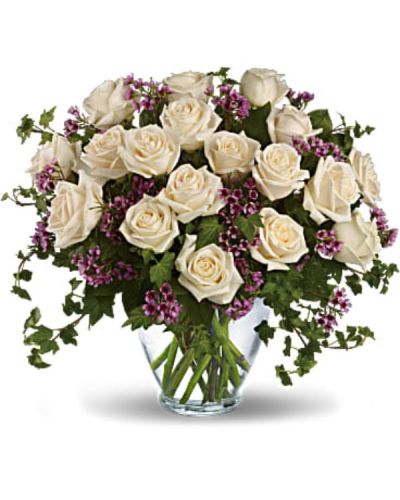 <div id="mark-1" class="m-pdp-tabs-marketing-description">Send an English garden someone's way with this gorgeous arrangement. Tendrils of green ivy trail delicately from a beautiful bunch of creamy roses and purple waxflower for a bouquet that's both traditional and unexpected.</div>
<div id="desc-1">
<ul>
<li>One dozen crème roses are mixed with purple waxflower and trailing ivy in an elegant clear glass vase.</li>
</ul>
</div>