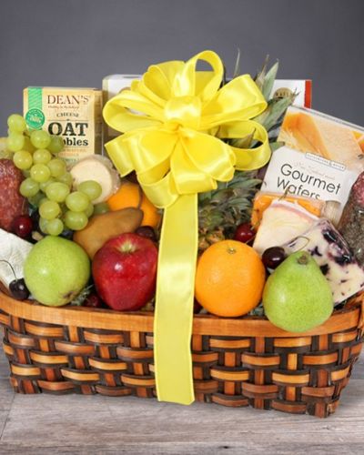 <div id="mark-2" class="m-pdp-tabs-marketing-description">

<hr />
<p style="text-align: right;">The gift of good taste! Send this gourmet gift basket of fruit and snacks to a gracious hostess, busy new parents, or anyone who appreciates the finer things in life.</p>

</div>
<div class="m-pdp-tabs-marketing-description" style="text-align: right;">This wonderful basket overflows with delicious fruit and tasty treats.</div>
<div id="desc-2">
<ul>
 	<li style="text-align: right;">Apples, pears, oranges, grapes, bananas and a pineapple are presented with cheeses, crackers, tea and other savory snacks in a natural gift basket that's trimmed with a bow.</li>
</ul>
</div>