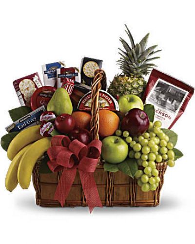 <p>&nbsp;</p>
<div id="tabs-pdp-content" class="tab-content">
<div id="description" class="tab-pane fade active">
<div id="mark-2" class="m-pdp-tabs-marketing-description">The gift of good taste! Send this gourmet gift basket of fruit and snacks to a gracious hostess, busy new parents, or anyone who appreciates the finer things in life... Or likes delicious food.</div>
<p>Apples, pears, oranges, grapes, bananas and a pineapple are presented with cheeses, crackers, tea and other savory snacks in a natural gift basket that is trimmed with a bow.
</p></div>
</div>