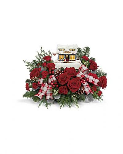 <div id="mark-3" class="m-pdp-tabs-marketing-description">Send a Christmas bouquet they'll adore for many years to come! This Thomas Kinkade collectible makes for a beautiful gift and features sweet holiday flowers made up of roses and winter greens.</div>
<div></div>
<div id="desc-3">Red spray roses, red carnations and miniature red carnations are arranged with noble fir, cedar, white pine, seeded eucalyptus and dusty miller. Delivered with Teleflora's Thomas Kinkade's Sweet Shoppe Keepsake.</div>