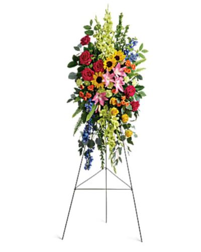 <div id="mark-1" class="m-pdp-tabs-marketing-description">A bold, bright tribute, this rainbow of blooms fills the room with a spirit of hope and joy. What a glorious celebration of a love that will live on forever.</div>
<div id="desc-1">
<ul>
<li>This spray features hot pink roses, yellow roses, orange spray roses, pink asiatic lilies, green gladioli, green carnations, medium yellow sunflowers, blue delphinium, bupleurum, myrtle, sword fern, silver dollar eucalyptus, and lemon leaf.</li>
<li>Delivered on a wire easel.</li>
</ul>
</div>