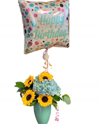 <p>Add celebration and good vibes to their special day with the Birthday Vibes arrangement. Cheery sunflowers combine with gorgeous hydrangeas and a mylar balloon to create the perfect way to say “Happy Birthday!” Happiness delivered.</p>