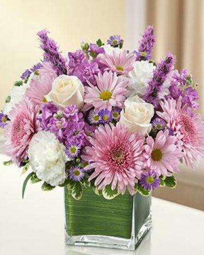 This bouquet features a lavender and white arrangement of roses, stock, liatris, cremones, carnations, daisy poms and monte casino, accented with variegated pittosporum
artistically designed by our florists in a classic clear glass cube vase lined with a Ti leaf ribbon.