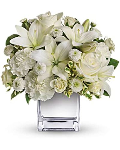 This exquisite all-white bouquet in a dazzling mirrored silver cube may be petite, but it will make a huge impression.
So much beauty for such a merrily modest price tag.
The lovely bouquet includes white roses, white spray roses, white Asiatic lilies, white carnations and white button spray chrysanthemums accented with assorted greenery.