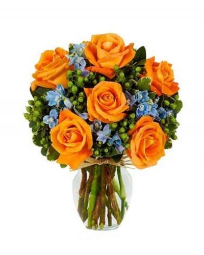 <p>There is no better way to send a bit of cheer than this cheerfully beautiful arrangement. Orange roses are the focal point of this happy design accented by light blue delphinium and green hypericum displayed in a clear fluted vase.</p>