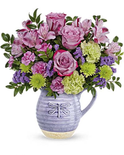 <div id="mark-3" class="m-pdp-tabs-marketing-description">Pour on the love with this wonderfully whimsical Mother's Day gift! Bursting with a colorful bouquet, this glazed ceramic pitcher is as practical as it is charming--it's food-safe so mom can enjoy it on her breakfast table for years to come!</div>
&nbsp;
<div id="desc-3">Lavender roses, green carnations, purple sinuata statice, lavender alstroemeria, green cushion spray chrysanthemums and miniature lavender carnations are arranged with huckleberry.</div>